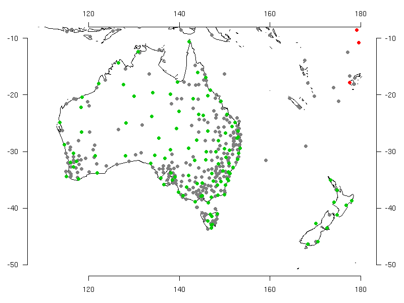 Map showing location of CRUTEM3 stations and locations of stations whose data have been corrected