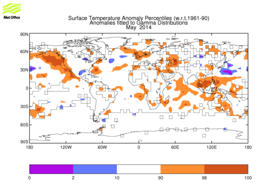 Surface temperature anomaly percentile map