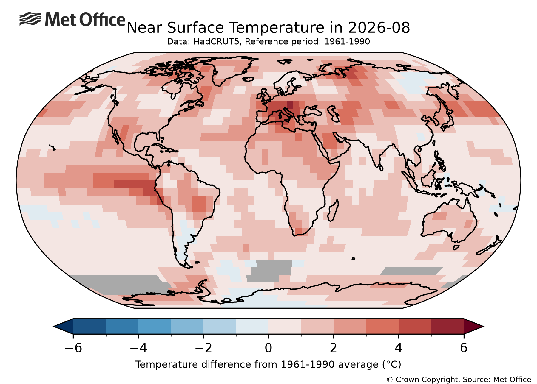 Global average temperature anomalies for the most recent month.