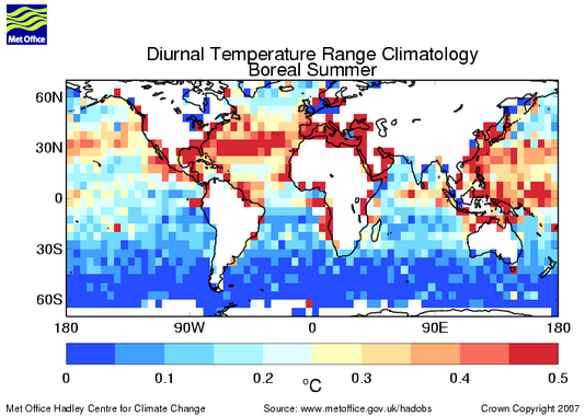Boreal summer average diurnal temperature range of the sea surface