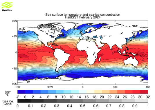 Map of sea surface temperature and sea ice concentration for the latest available month