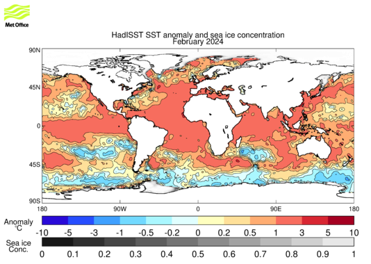 Map of sea surface temperature anomalies and sea ice concentration for the latest available month