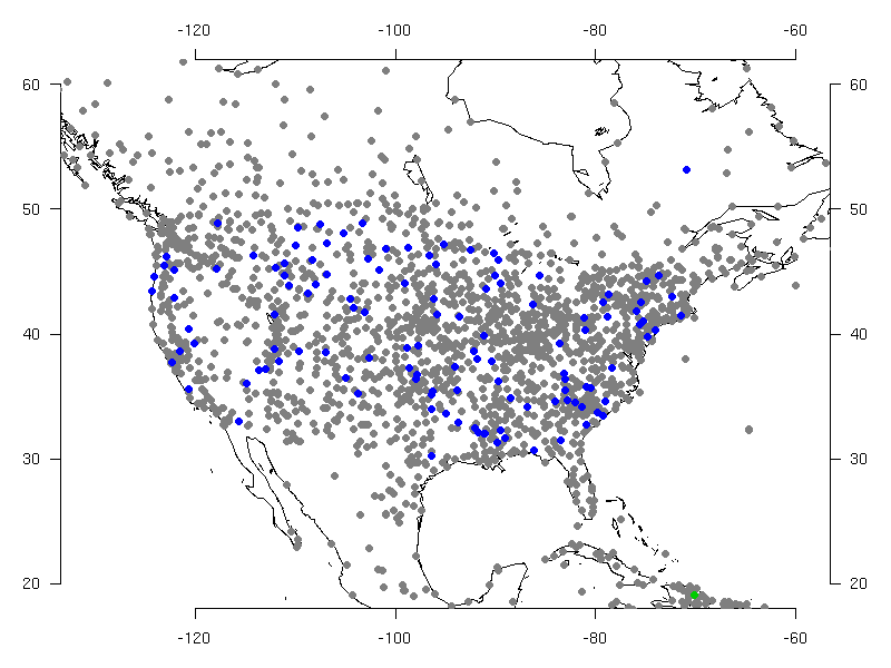 Map showing location of CRUTEM3 stations and locations of stations whose data have been corrected