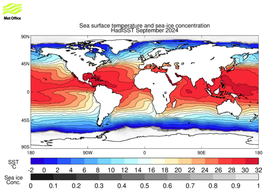 Map of sea surface temperature and sea ice concentration for the latest available month