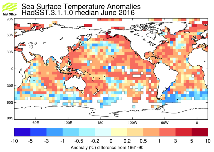 HadSST3 sea-surface temperature anomaly map for June 2016