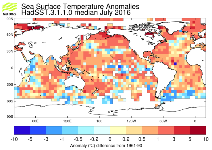 HadSST3 sea-surface temperature anomaly map for July 2016