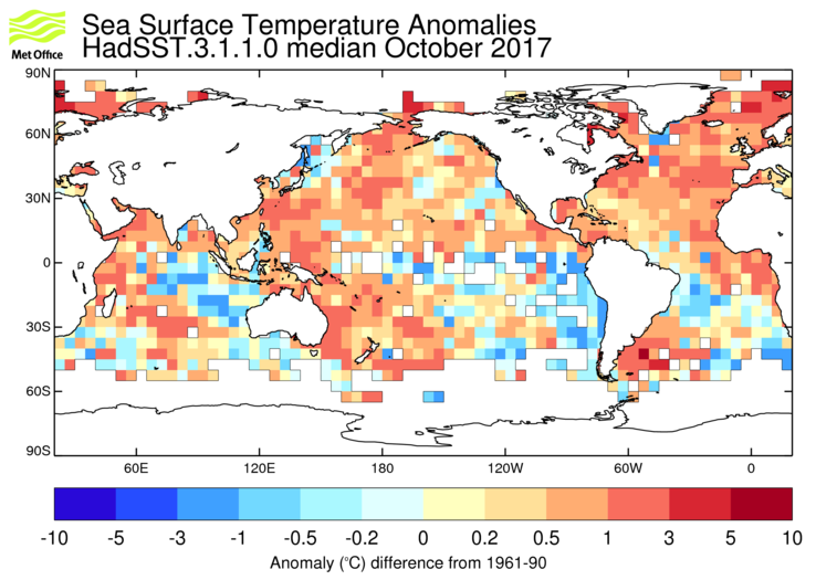 HadSST3 sea-surface temperature anomaly map for October 2017