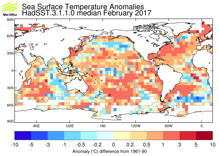 HadSST3 sea-surface temperature anomaly map for February 2017