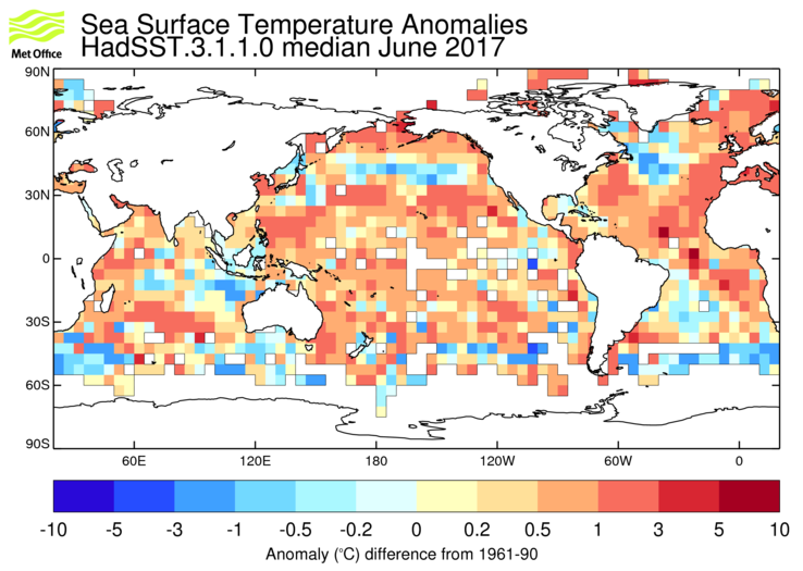 HadSST3 sea-surface temperature anomaly map for June 2017