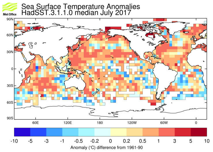 HadSST3 sea-surface temperature anomaly map for July 2017