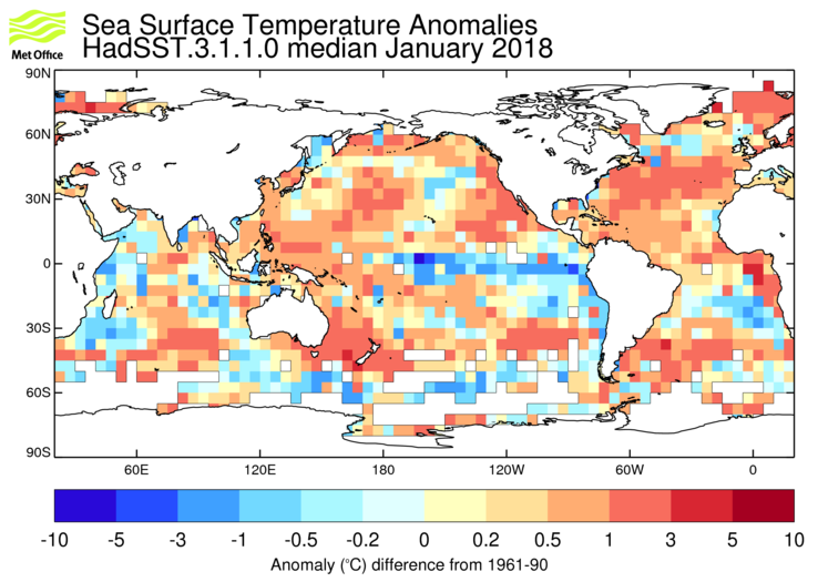 HadSST3 sea-surface temperature anomaly map for January 2018