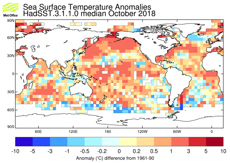 HadSST3 sea-surface temperature anomaly map for October 2018