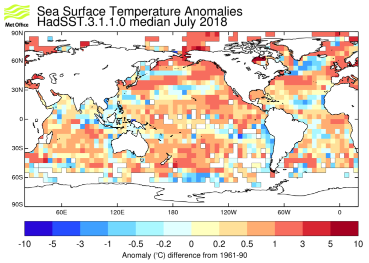 HadSST3 sea-surface temperature anomaly map for July 2018