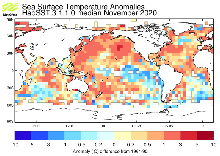 HadSST3 sea-surface temperature anomaly map for November 2020