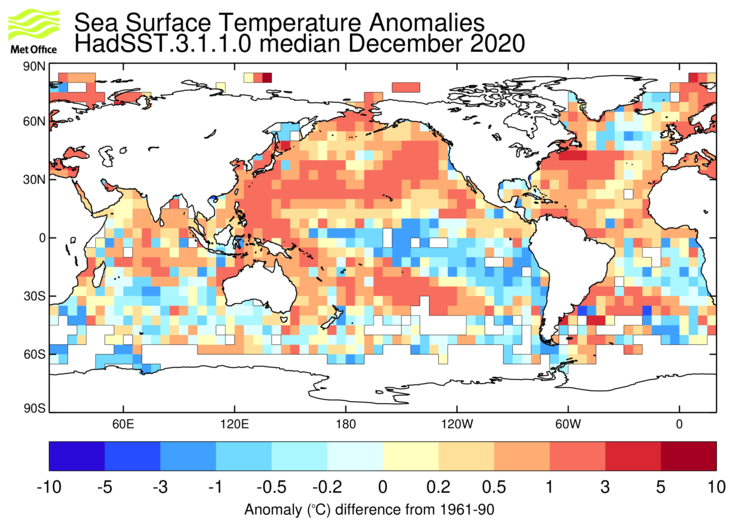 HadSST3 sea-surface temperature anomaly map for December 2020