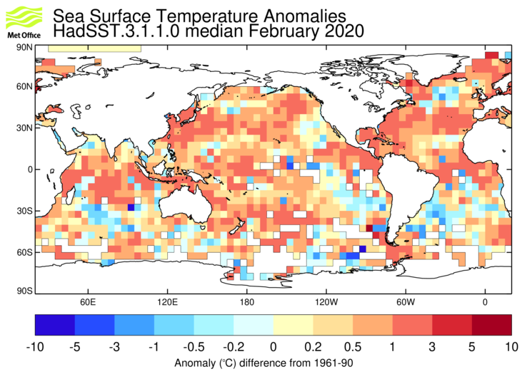 HadSST3 sea-surface temperature anomaly map for February 2020