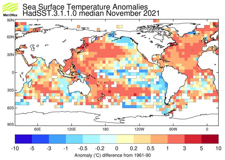 HadSST3 sea-surface temperature anomaly map for November 2021