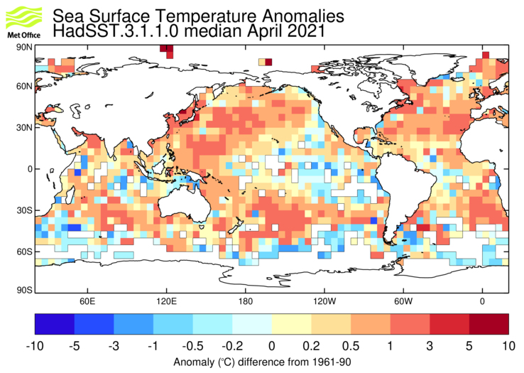 HadSST3 sea-surface temperature anomaly map for April 2021