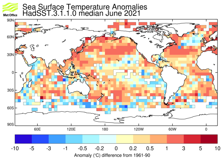 HadSST3 sea-surface temperature anomaly map for June 2021