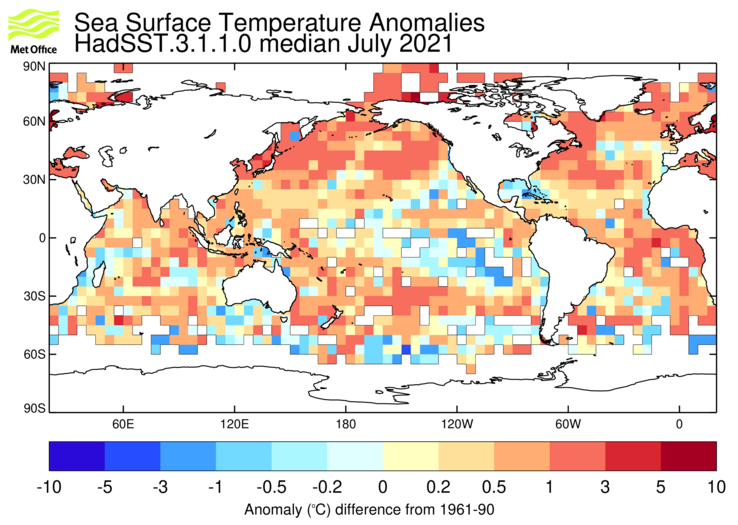 HadSST3 sea-surface temperature anomaly map for July 2021