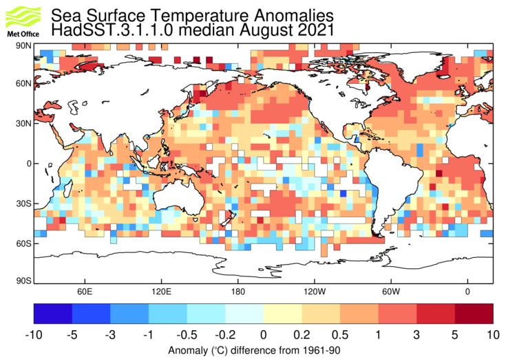 HadSST3 sea-surface temperature anomaly map for August 2021