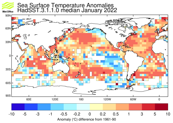 HadSST3 sea-surface temperature anomaly map for January 2022