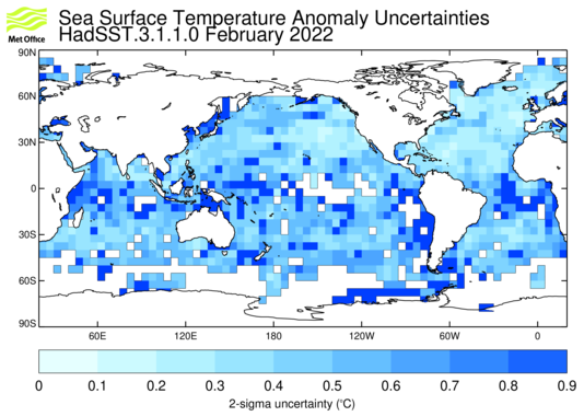 HadSST3 map for lastest month 2-sigma uncertainties